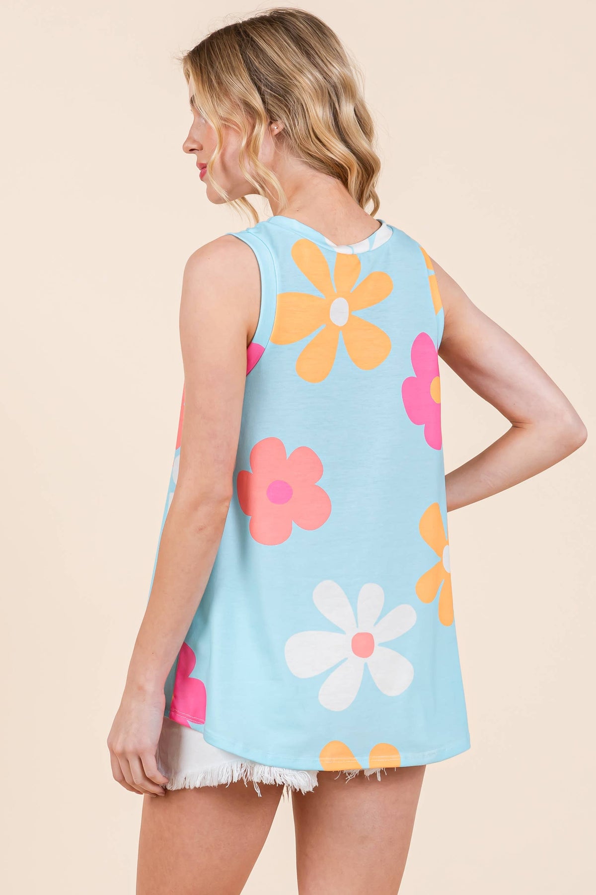 BOMBOM - TA2246 Blossom Pop Retro Floral Sleeveless Top: Blue / Floral / S