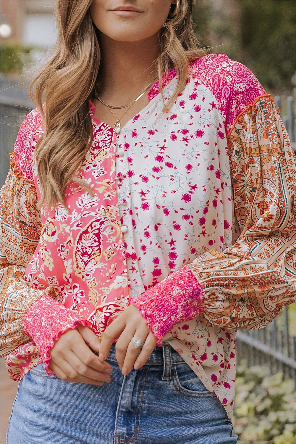 PINK MULTI CONTRAST BUTTON DOWN WOVEN TOP