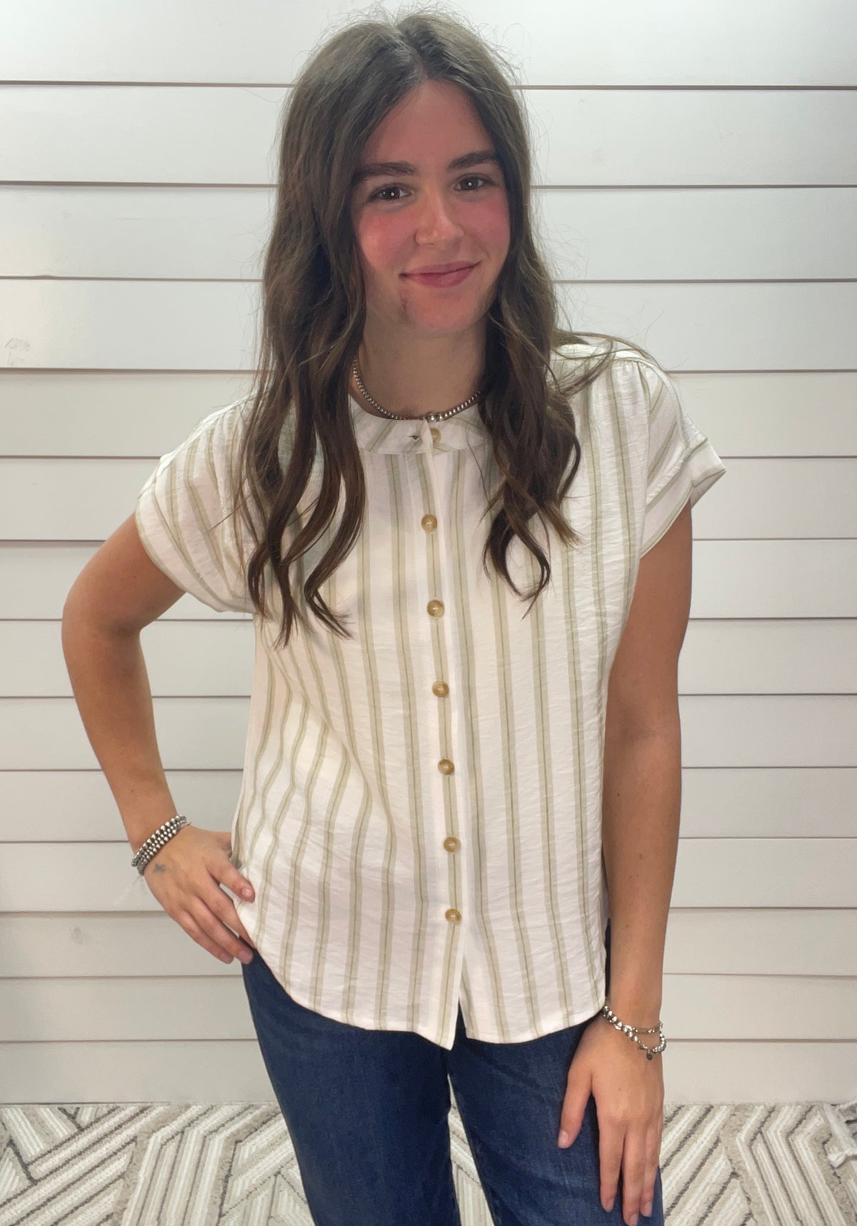 OLIVE/CREAM STRIPED BUTTON DOWN WOVEN TOP