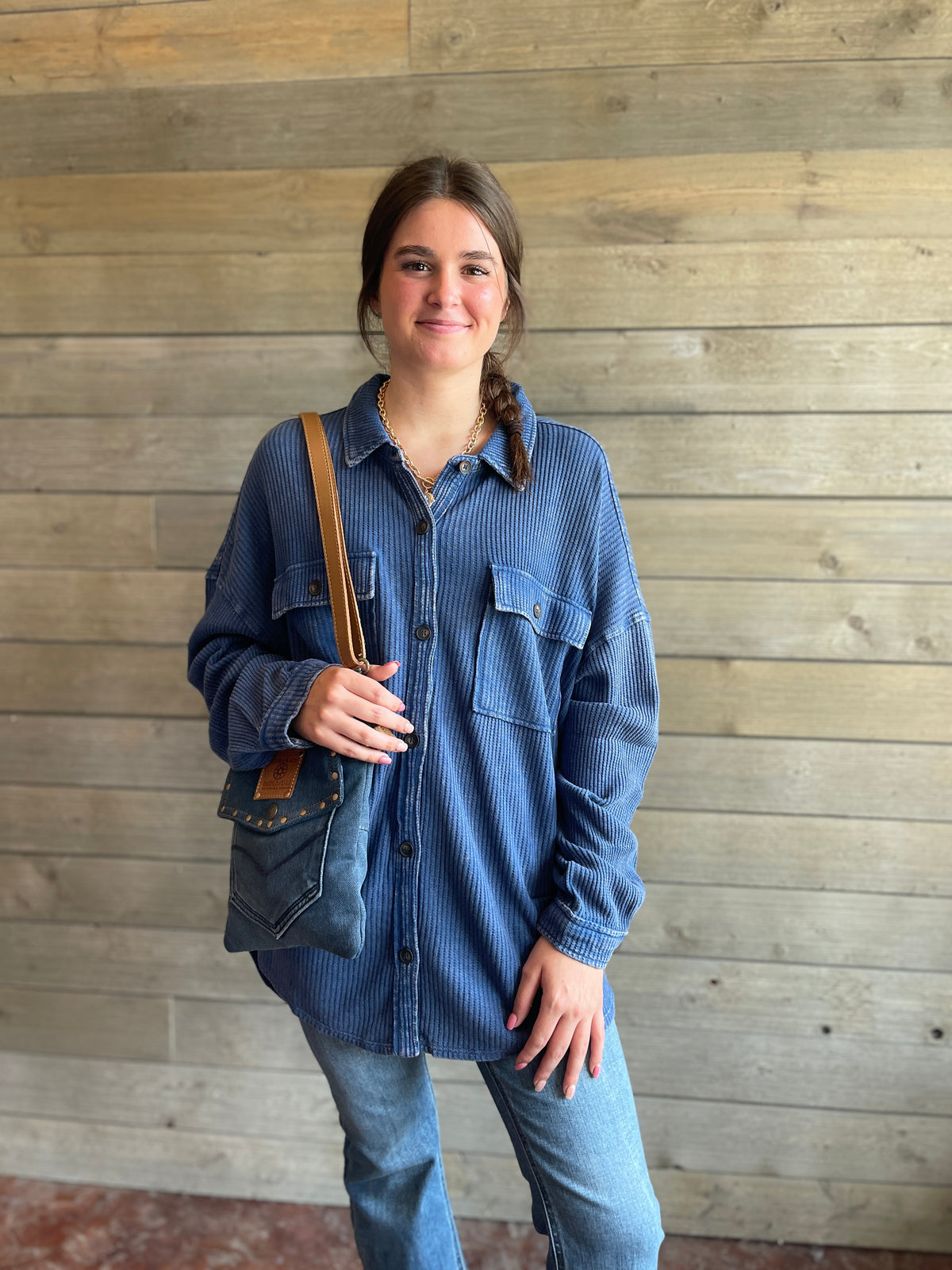 NAVY MINERAL WASH OVERSIZED WAFFLE KNIT BUTTON DOWN TOP