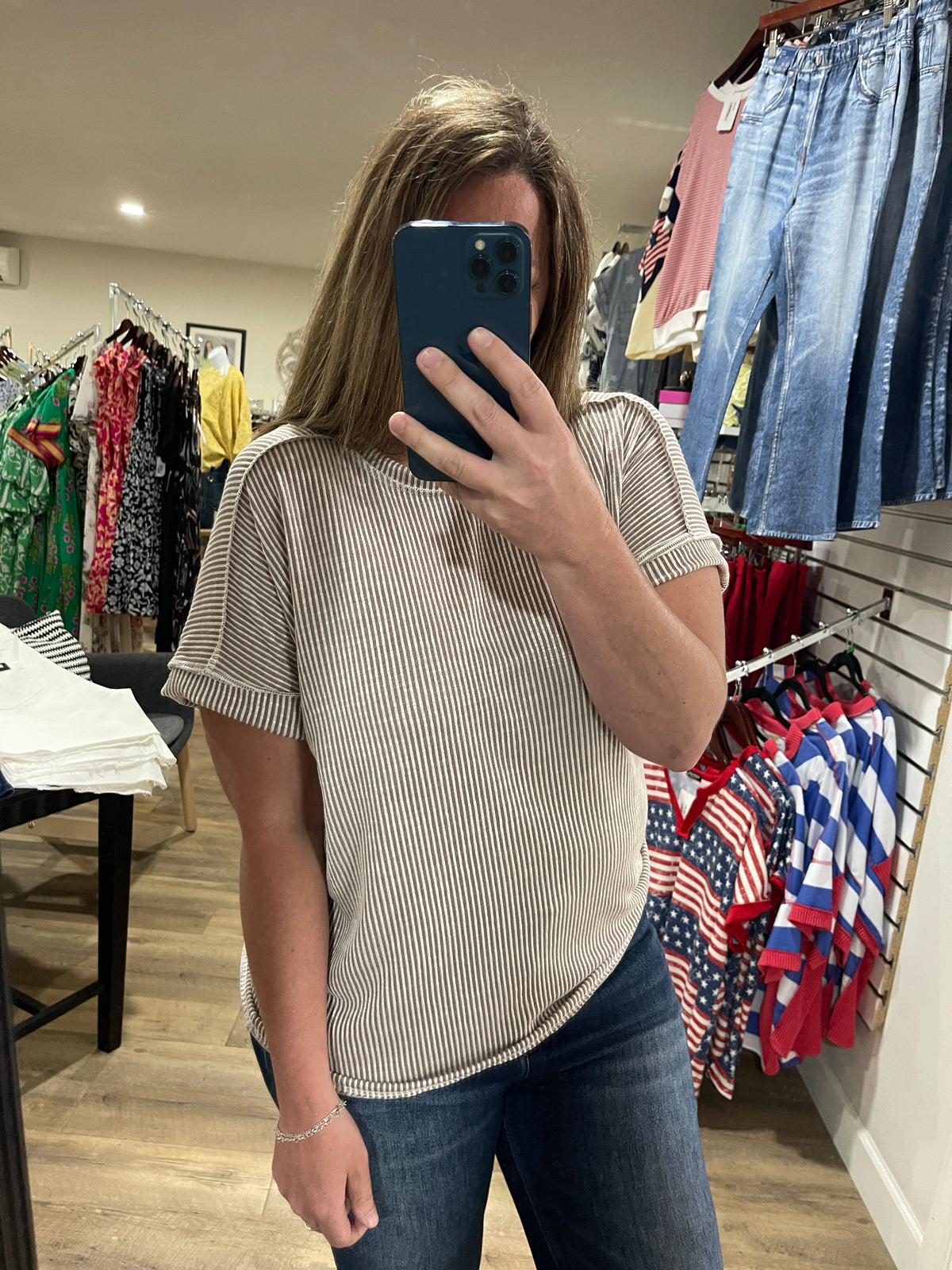 TAUPE WASHED RIBBED SHORT SLEEVE KNIT TOP
