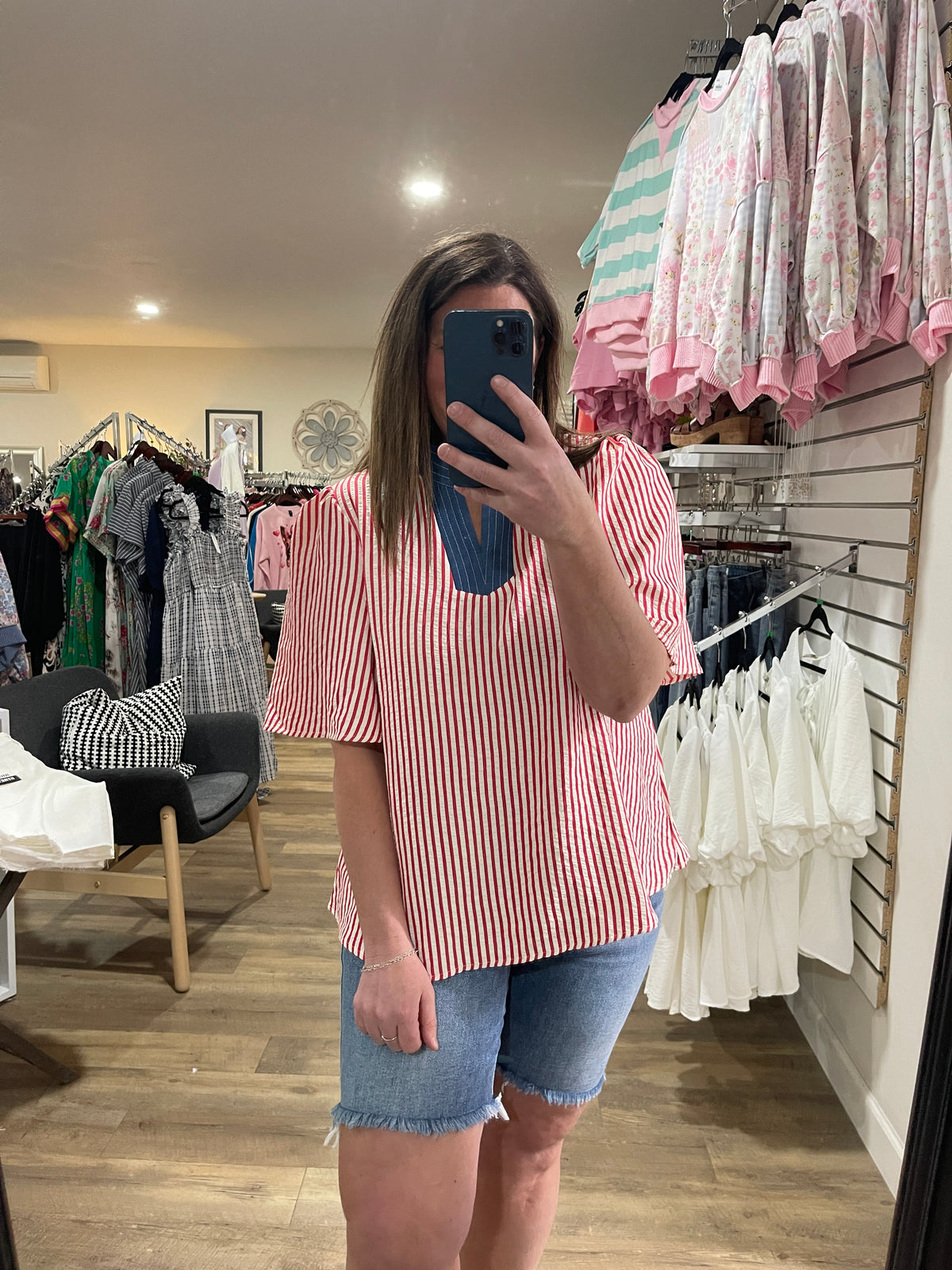 RED PIN STRIPED TEXTURE WOVEN TOP W/ DENIM TRIM