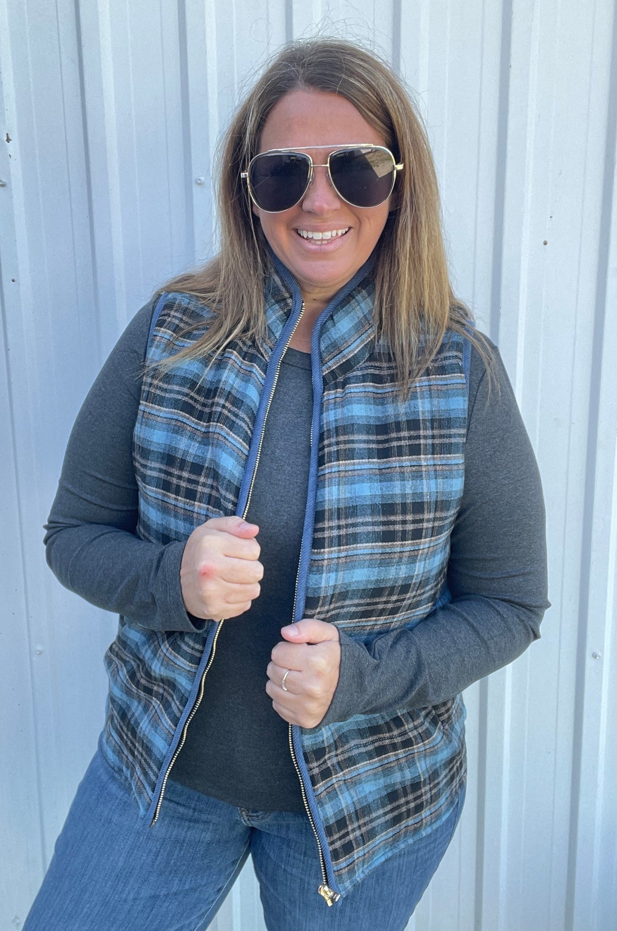 BLUE Contrast Binding, Zip Up Front, Plaid Puffer Vest