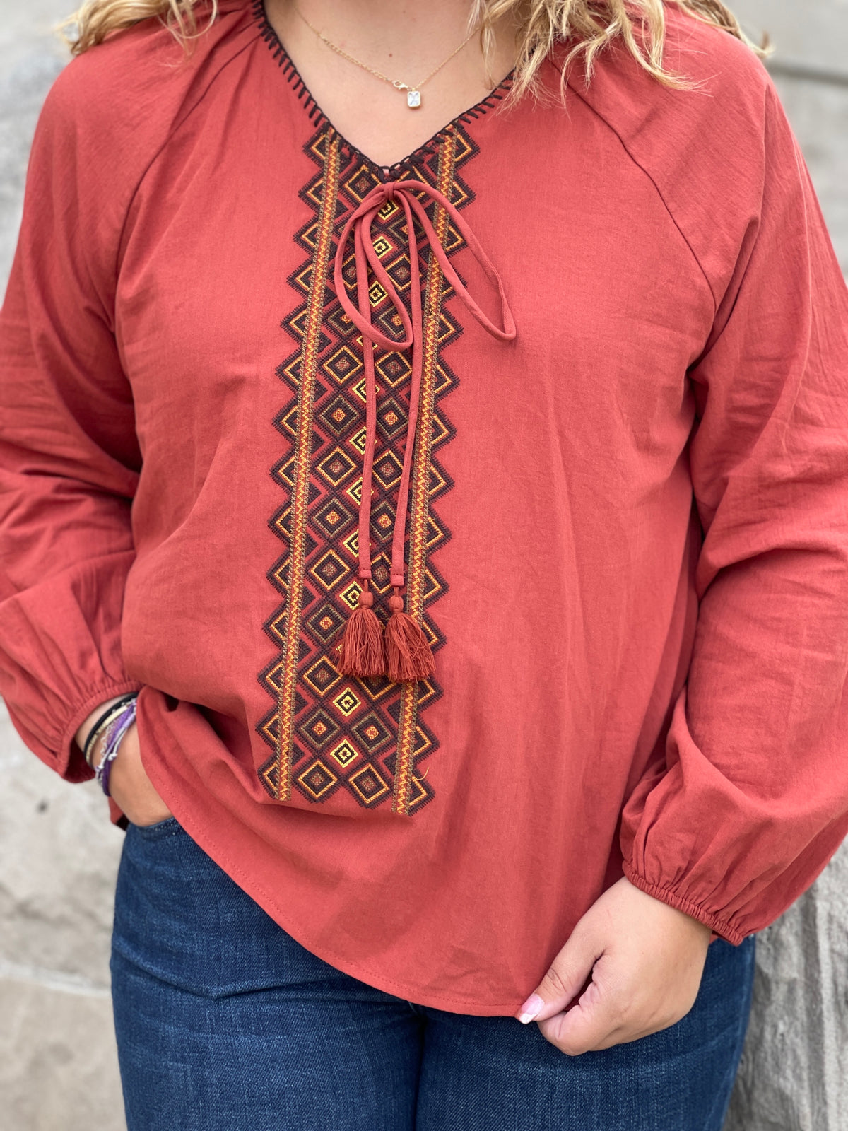 RUST EMBROIDERED WOVEN TOP