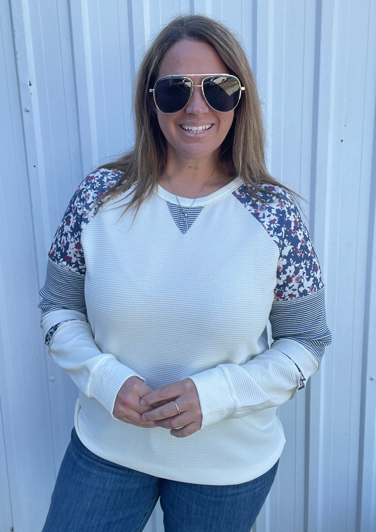 Ivory/Blue Floral Print And Stripe Blocked, Long Sleeve Waffle Top