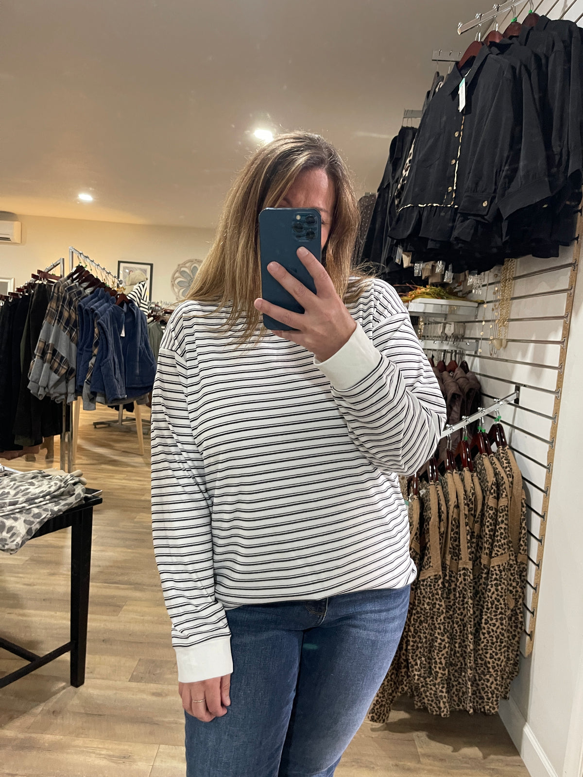 WHITE/BLACK BRUSHED BUTTER SOFT STRIPED KNIT TOP