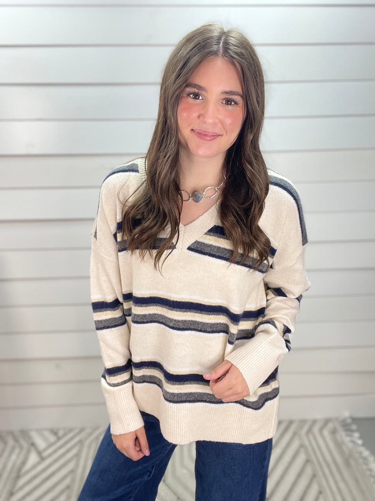 OATMEAL STRIPED V NECK KNIT SWEATER