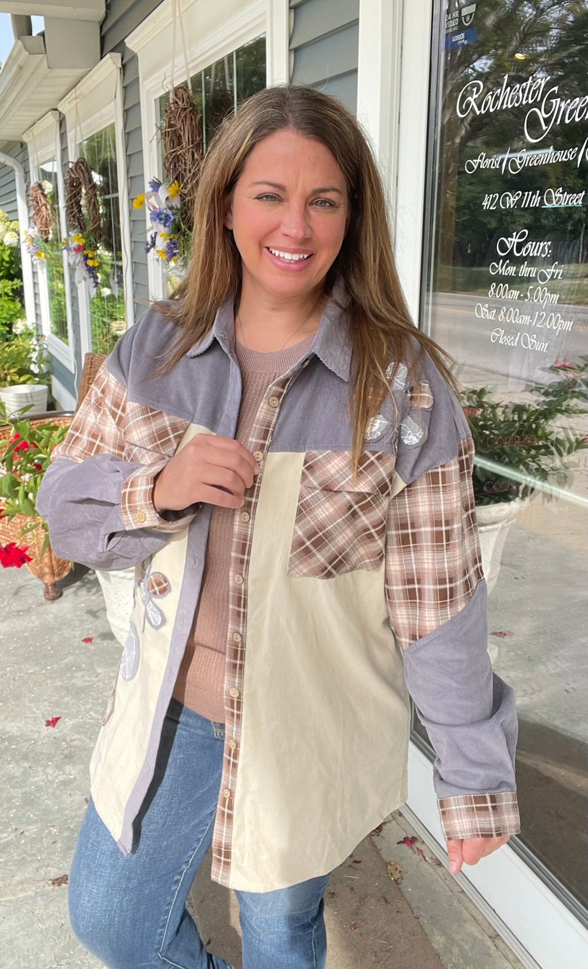 WARM BEIGE CORDED BUTTON UP W/ COLORBLOCK AND FLORAL ACCENTS