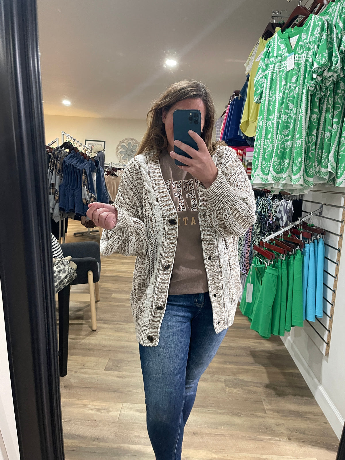 OATMEAL/BROWN CABLE KNIT BUTTON CARDIGAN