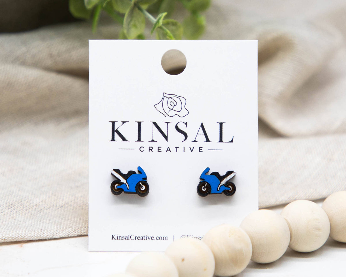 Kinsal Creative - Motorcycle Wood Stud Earrings: Red