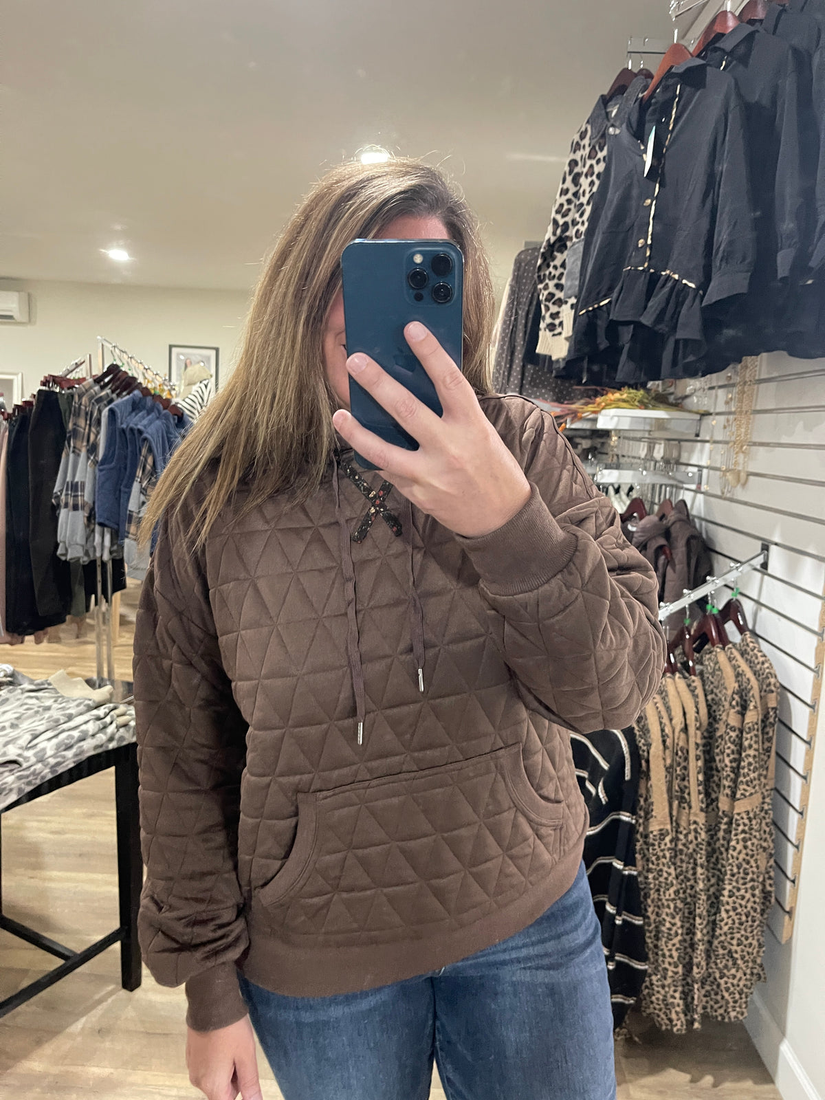 BROWN Quilted Hoodie Pullover Top With Contrast Floral Print