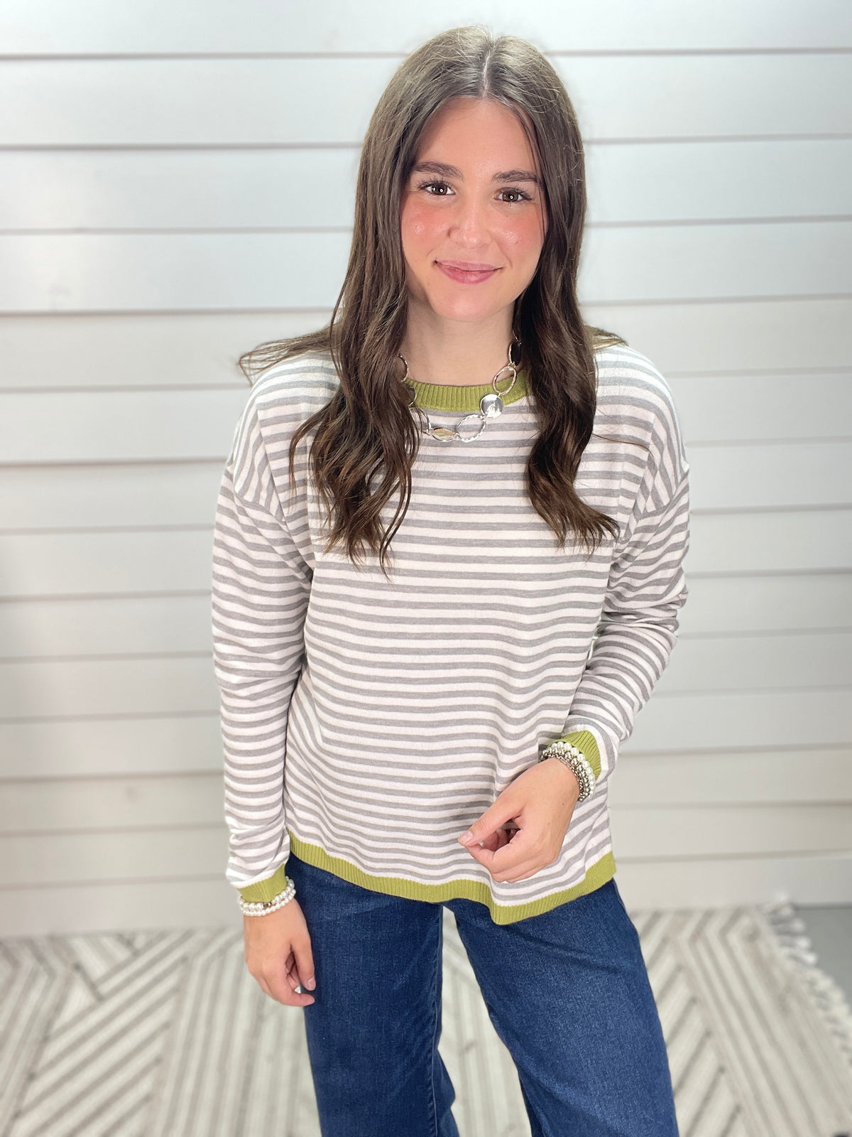 HEATHER GREY/ SAGE Contrast Color Rib Detail Long Sleeve Crew Neck Pullover Striped Sweater