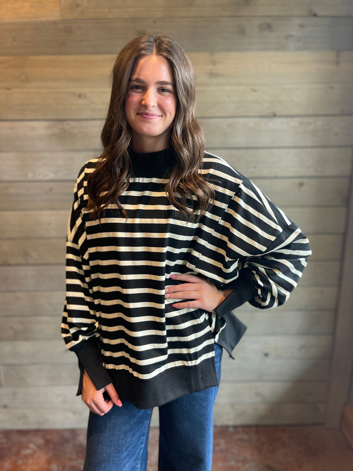 BLACK AND CREAM STRIPED MOCK NECK OVERSIZED KNIT TOP