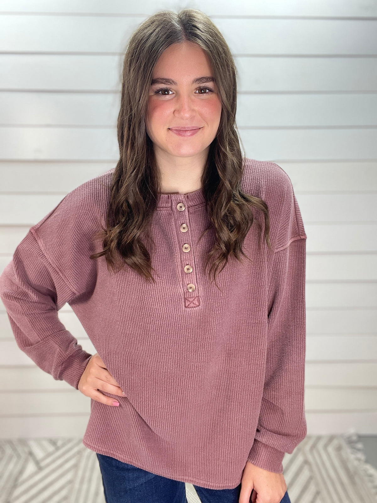 Burgundy Ribbed Textured Half Button Top