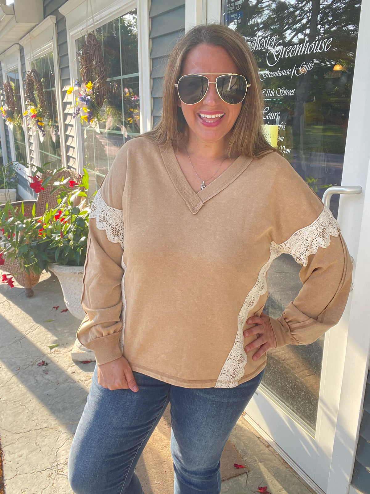 CAMEL FRENCH TERRY OVERSIZED V NECK LACE PULLOVER