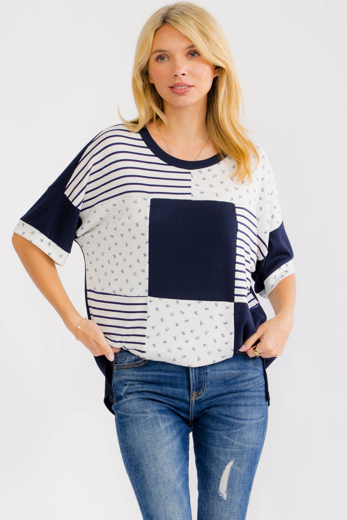 NAVY/WHITE PATCHWORK KNIT TOP