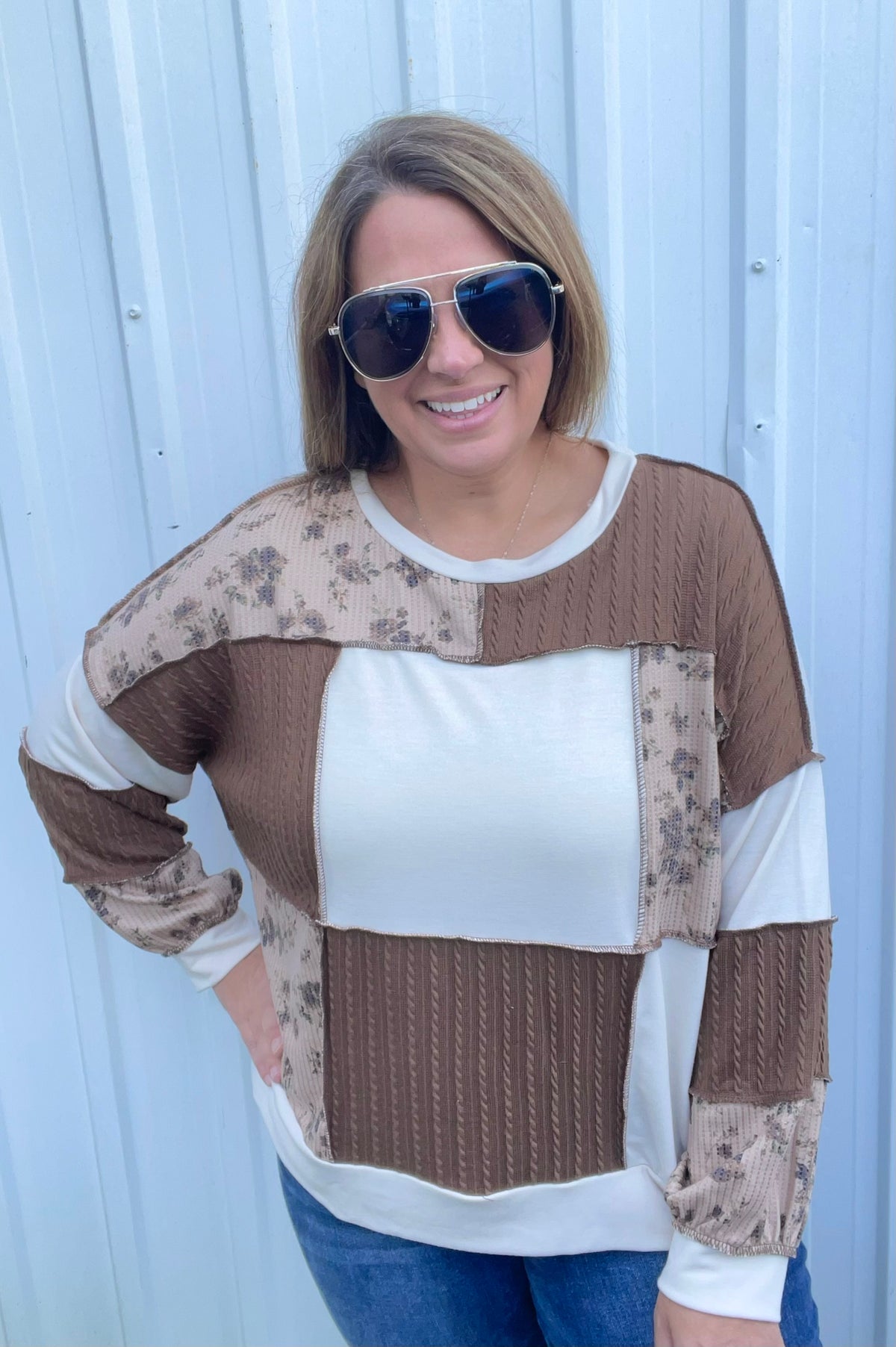 OTMEAL/TAUPE/BROWN Round Neck Bubble Long Sleeve Solid French Terry, Floral Print And Cable Knit