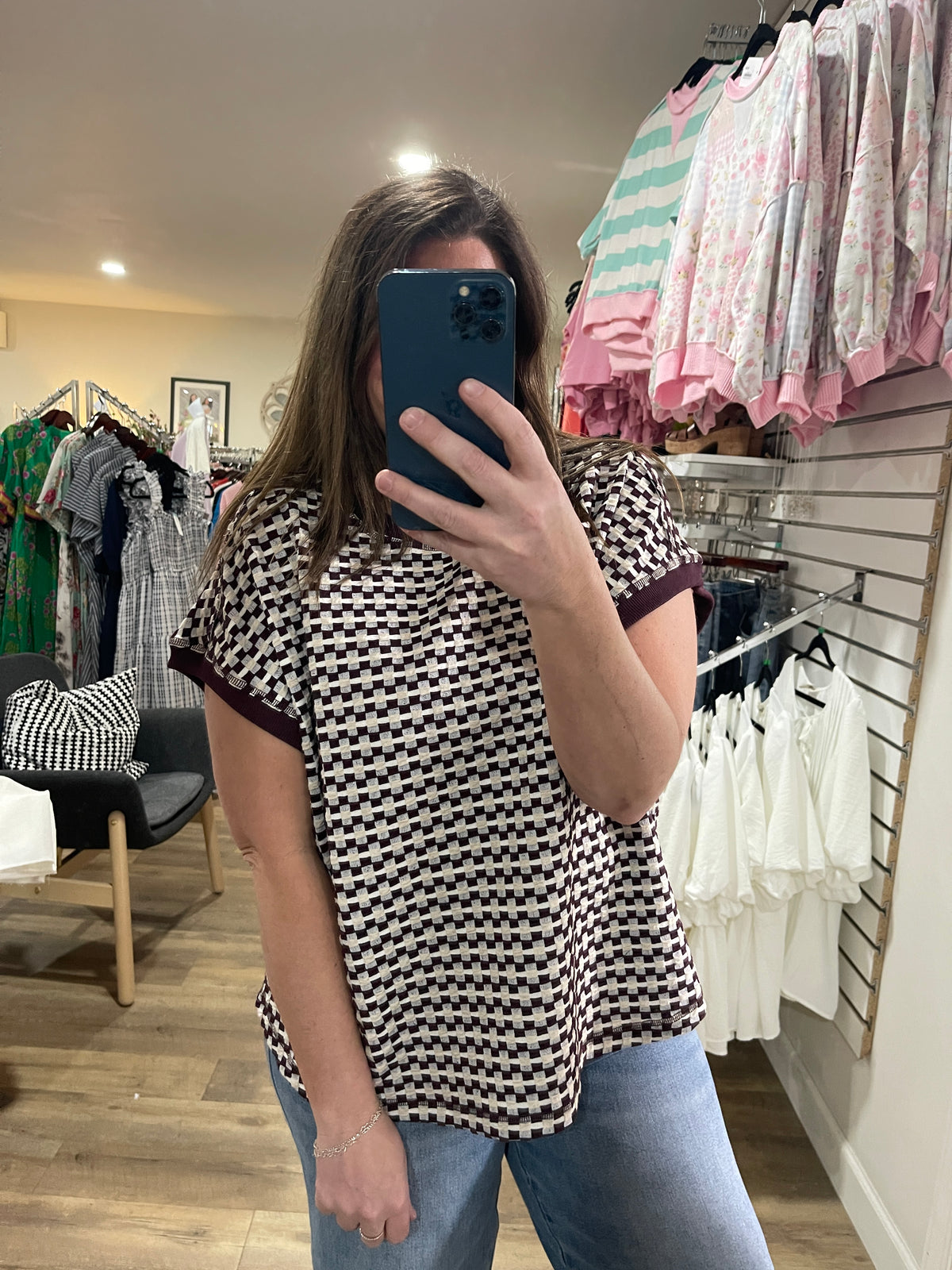 WINE/OATMEAL TEXTURED CHECK KNIT TOP