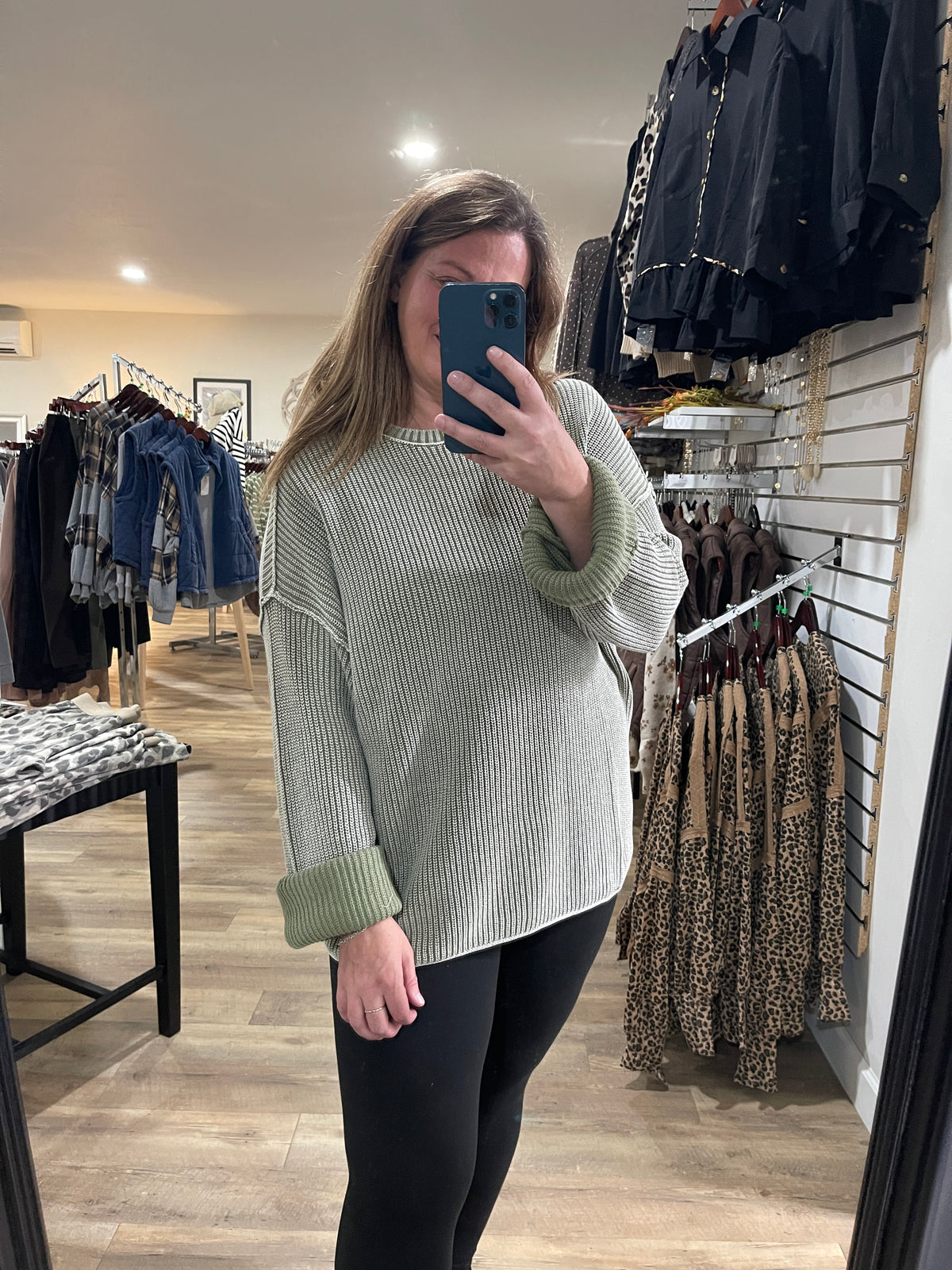 Light Olive Washed Ribbed Long Sleeve Folded Cuff Knit Sweater