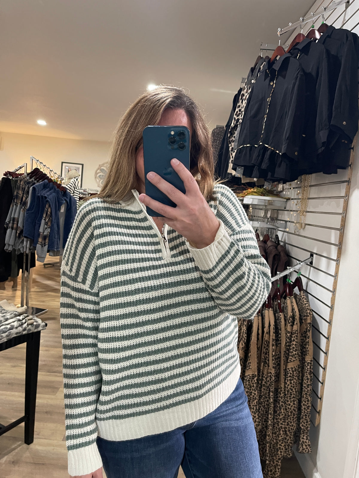 Dark Sage Half Zip Mock Neck Striped Pullover Sweater