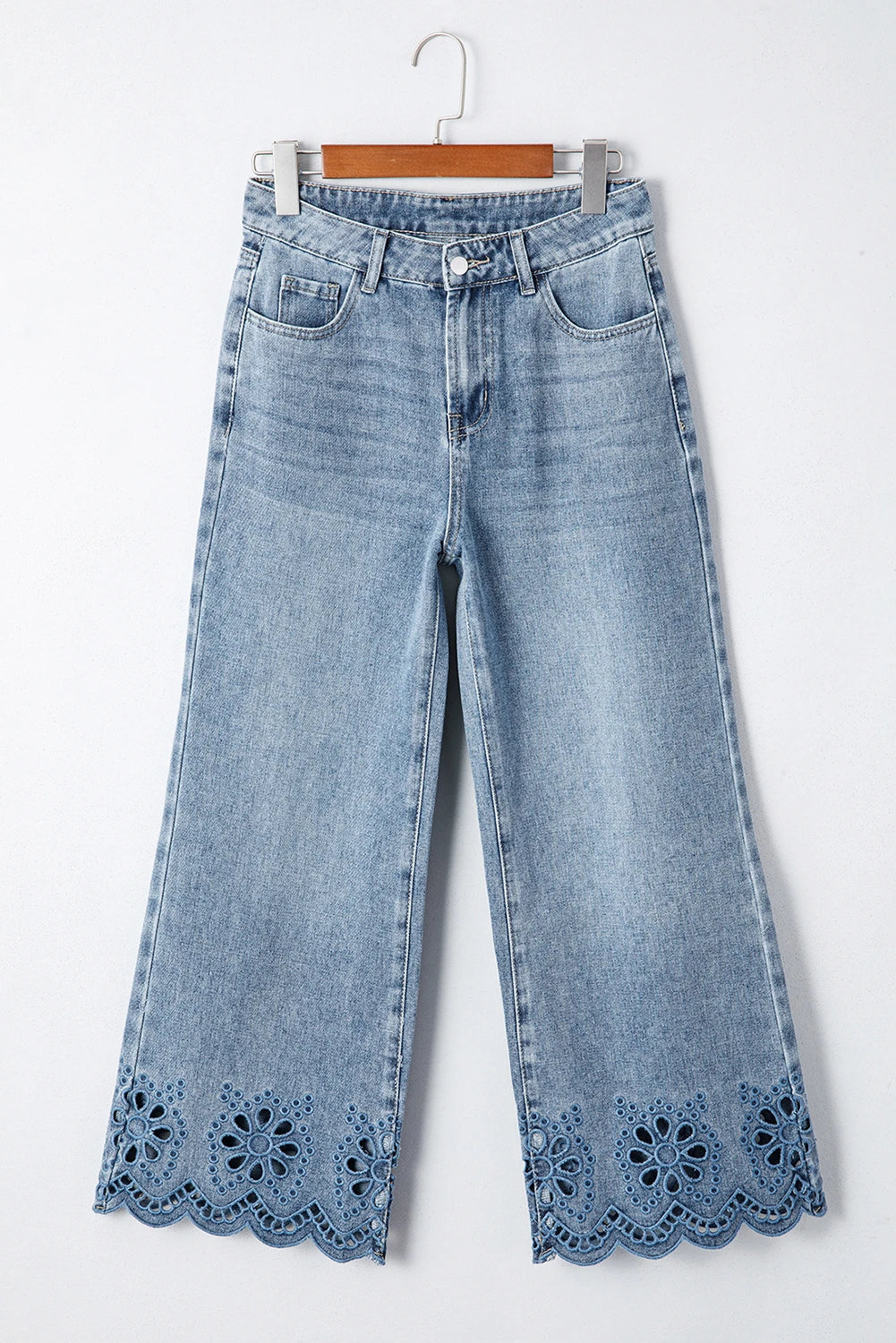 DENIM CROPPED WIDE LEG EMBROIDERED JEANS