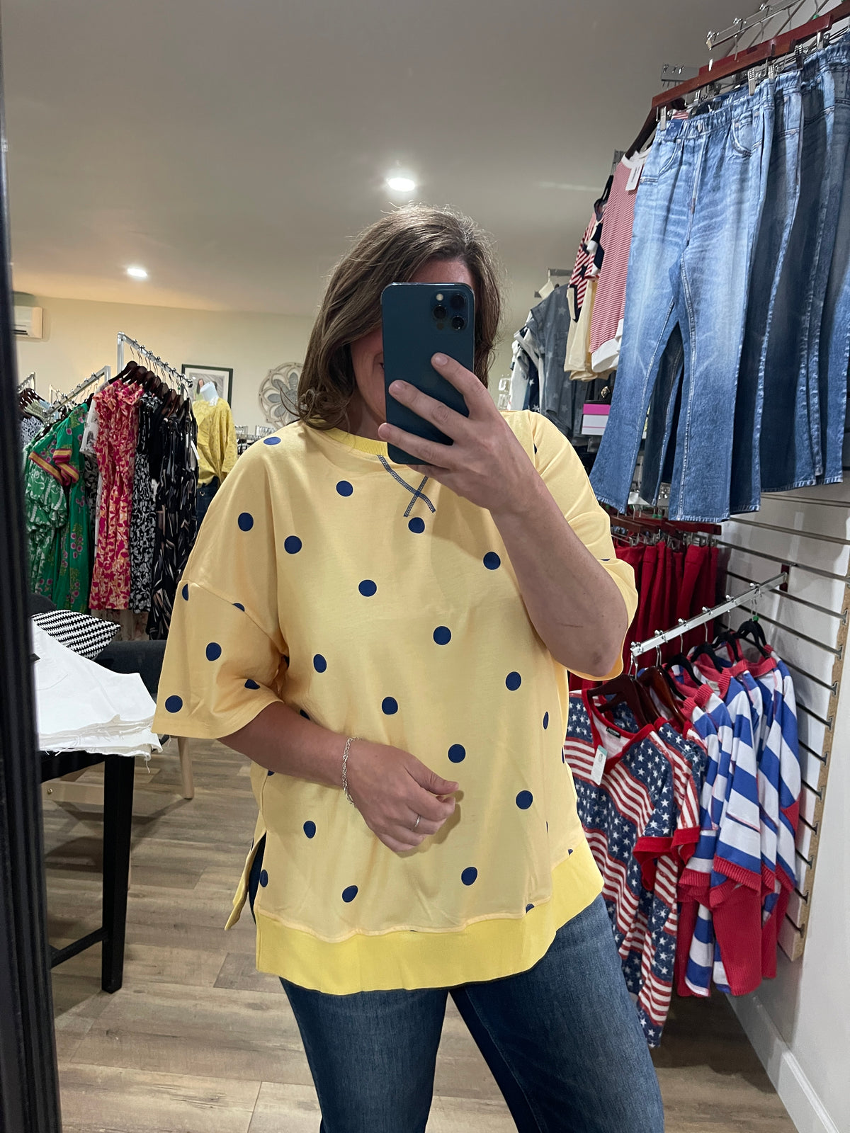 YELLOW/BLUE POLKADOT FRENCH TERRY SIDE SLID TOP