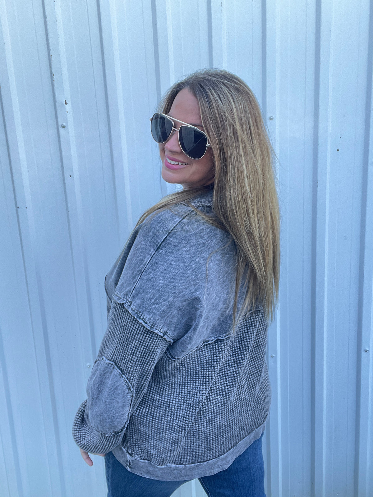 ASHED BLACK MINERAL WASH CONTRAST KNIT TOP