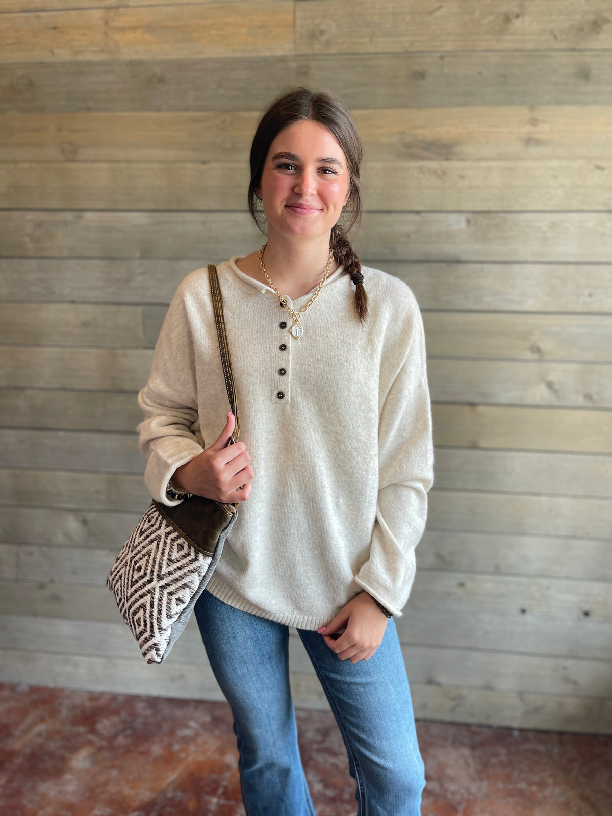 OATMEAL RAW ROLLED EDGE HENLEY RELAXED SWEATER