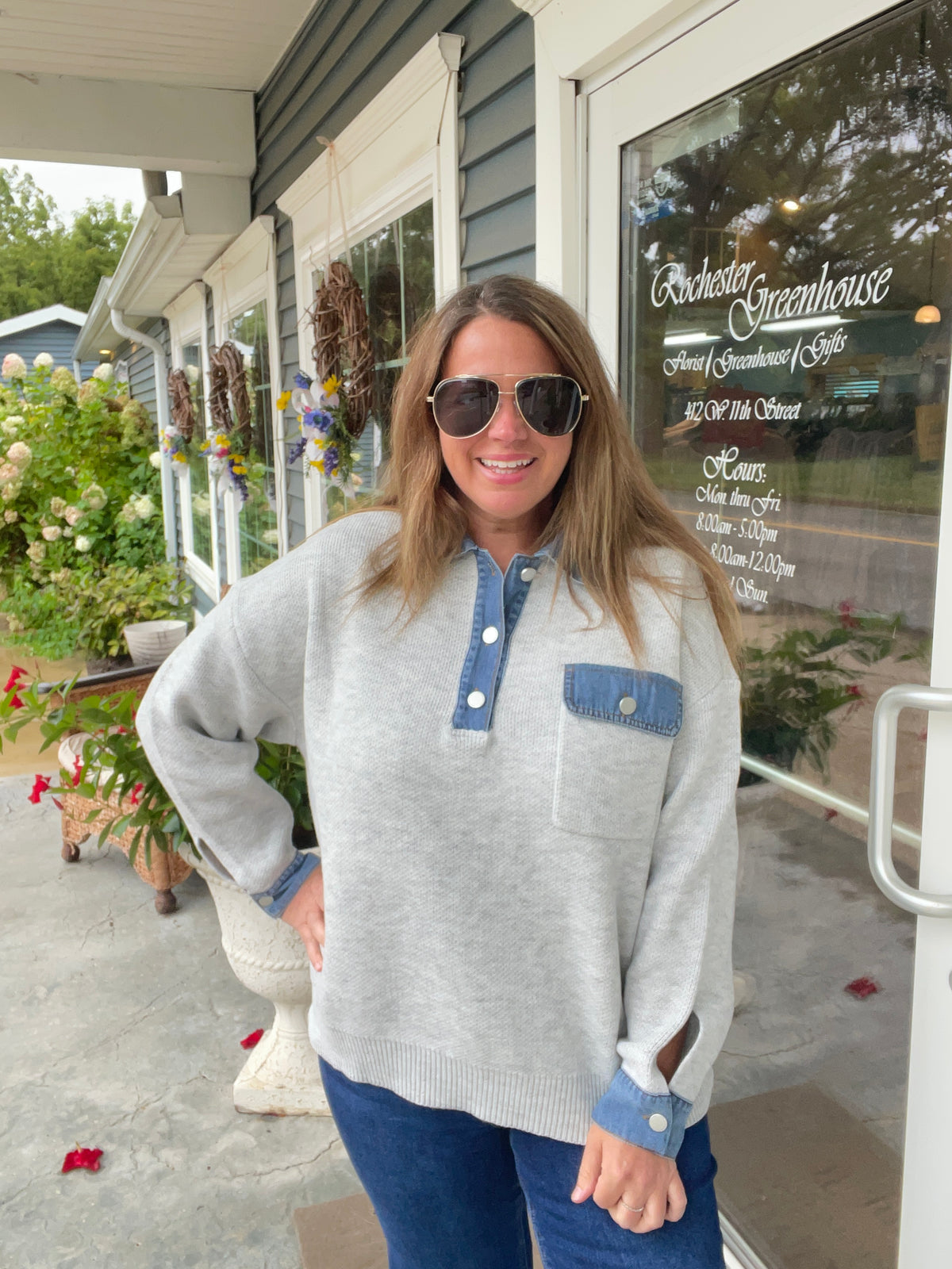 HEATHER GREY KNIT SWEATER W/ DENIM TRIM