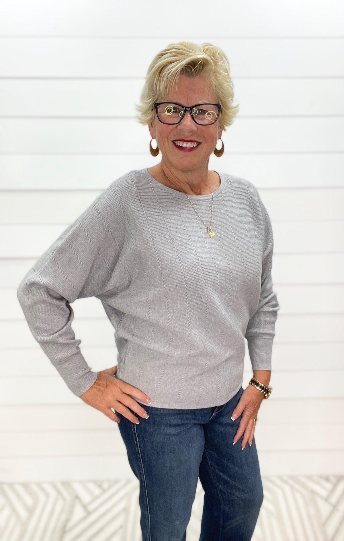 GREY TEXTURED DOLMAN SLEEVE BOAT NECK SWEATER