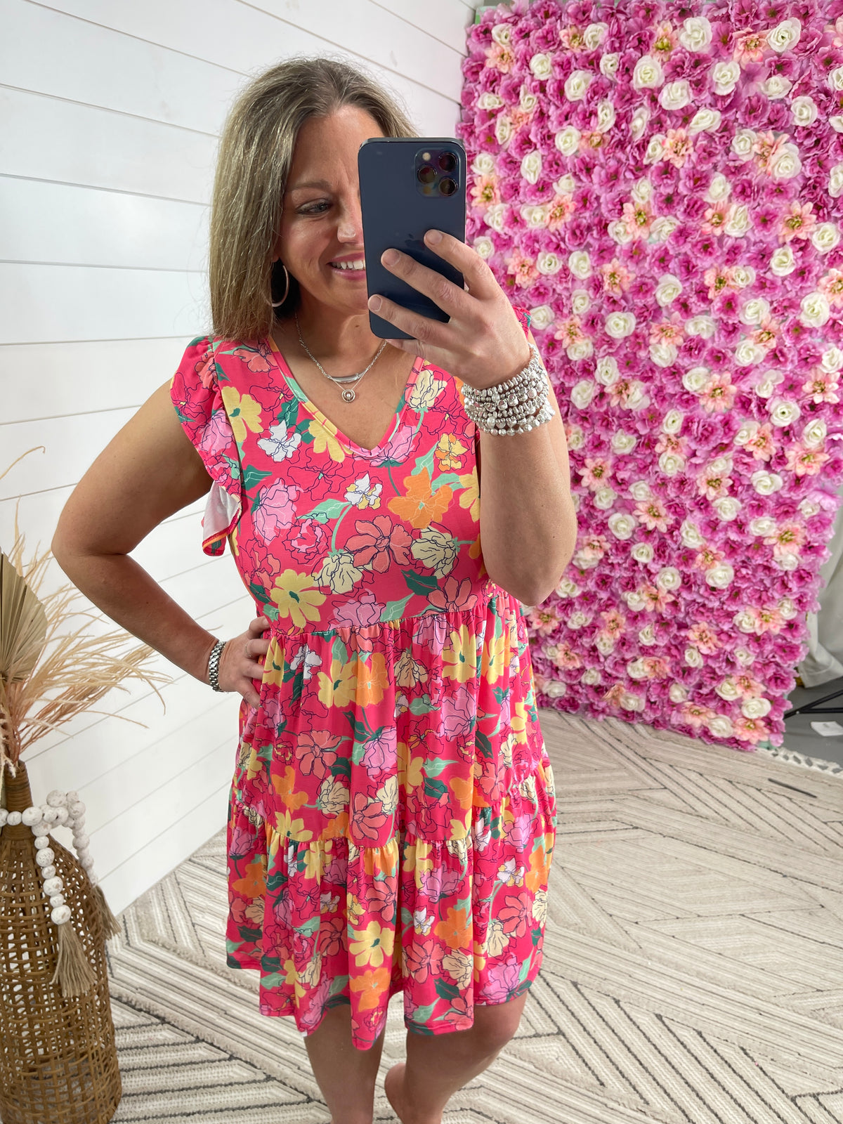 HOT PINK FLORAL TIERED DRESS W/ RUFFLE SLEEVES