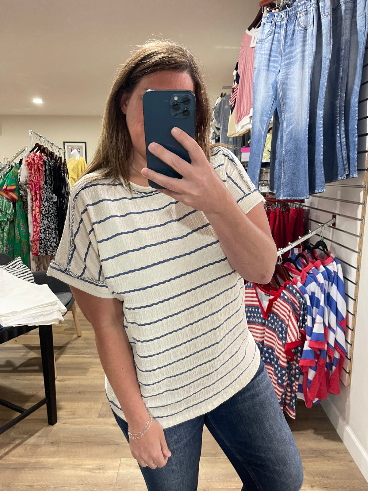 CREAM/BLUE STRIPED TEXTURED KNIT TOP