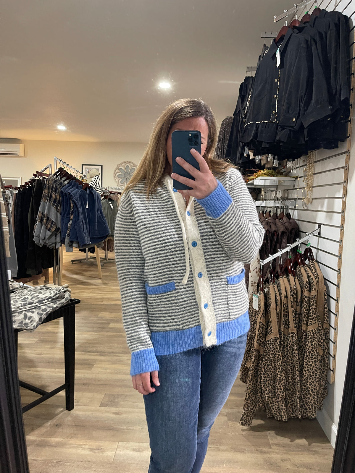 GREY/BLUE Striped, Contrast Color Accent, Hoodie, Button Down Sweater/Cardigan
