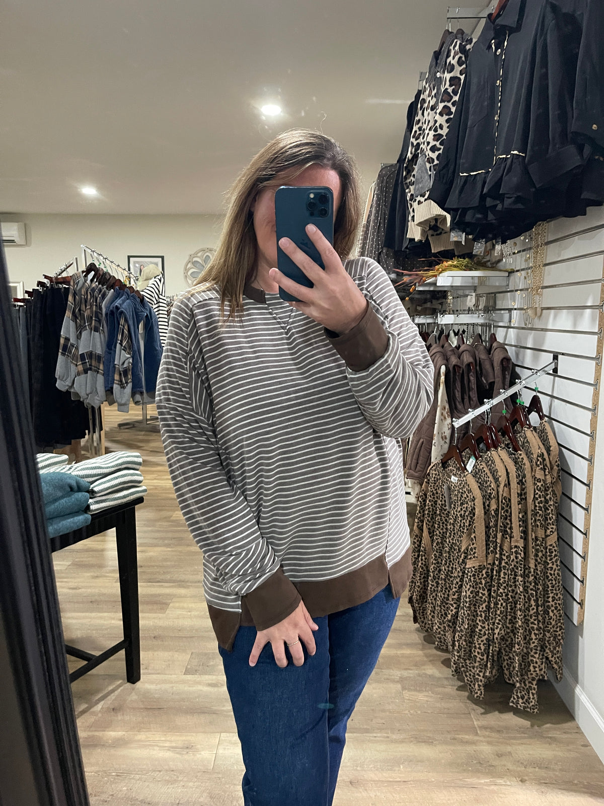 BROWN Drop Shoulder Long Sleeve Loose Fit Yarn Dye Stripe Knit Top With Ribbed trim