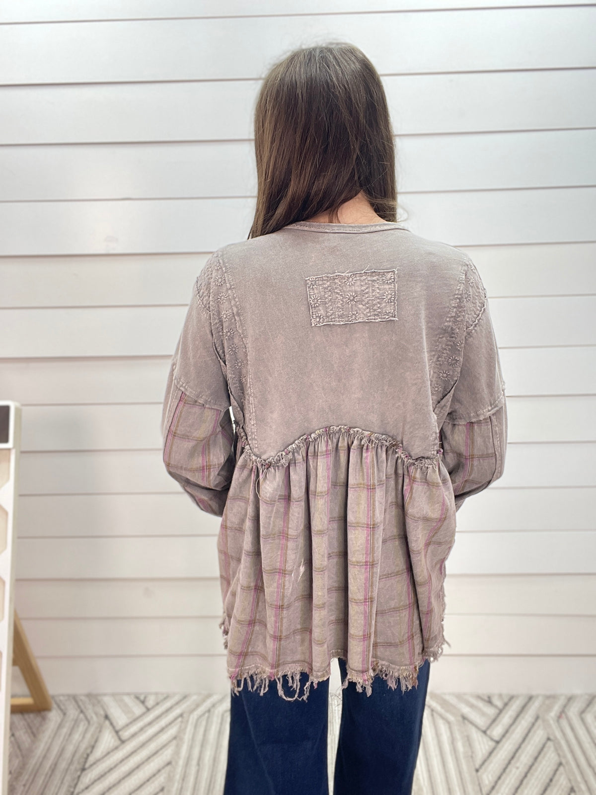 CHARCOAL Mineral Washed Flannel Eyelet Patch Babydoll Blouse