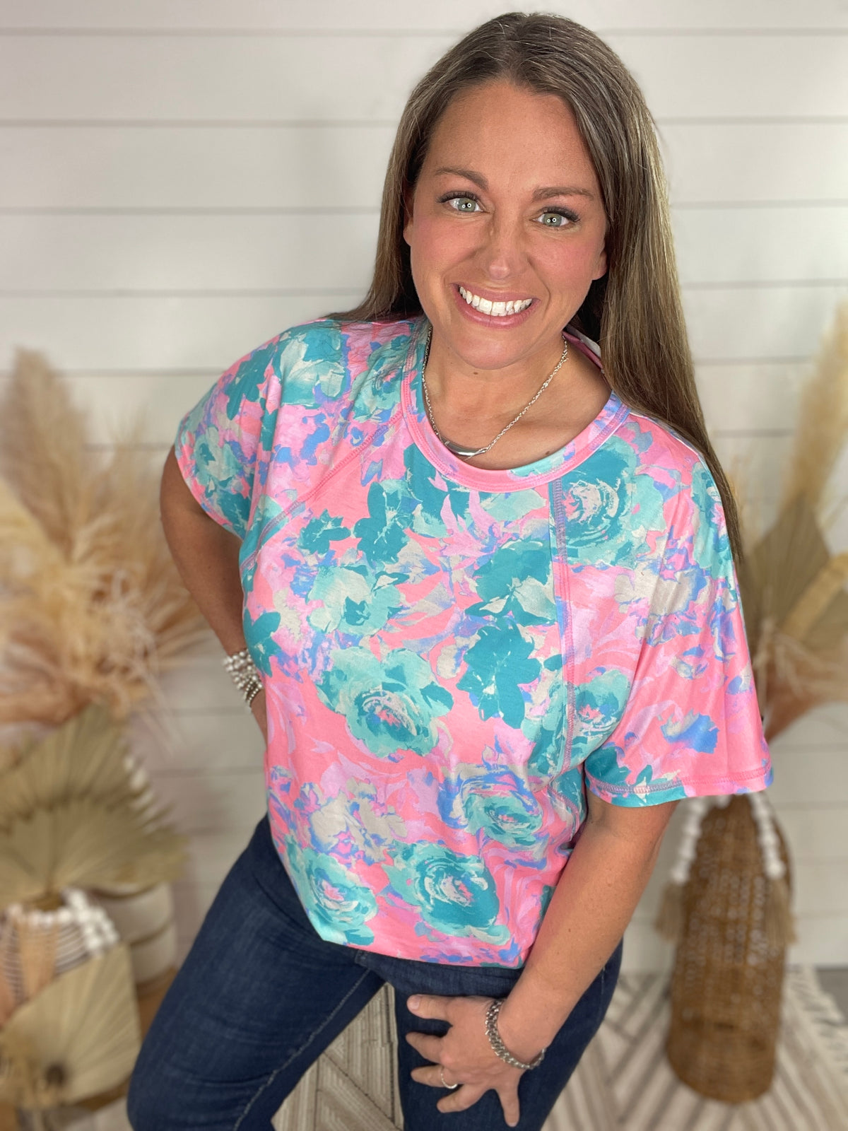 NEON PINK FLORA KNIT TOP