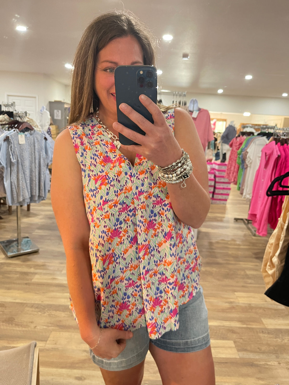 PINK/ORANGE SLEEVELESS FLORAL WOVEN TOP- FINAL SALE