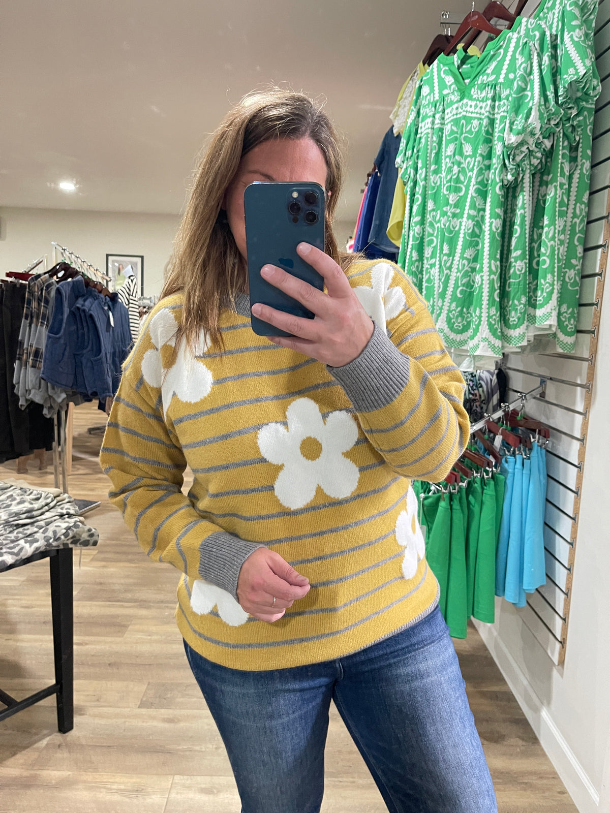 MUSTARD/GREY STRIPED FLORAL KNIT SWEATER
