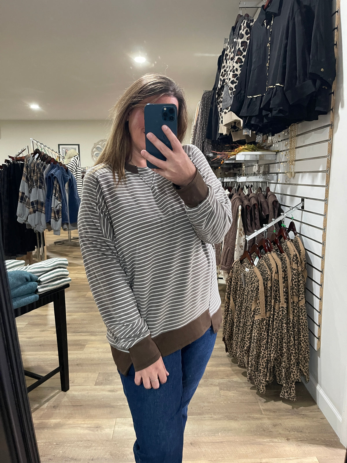 BROWN Drop Shoulder Long Sleeve Loose Fit Yarn Dye Stripe Knit Top With Ribbed trim