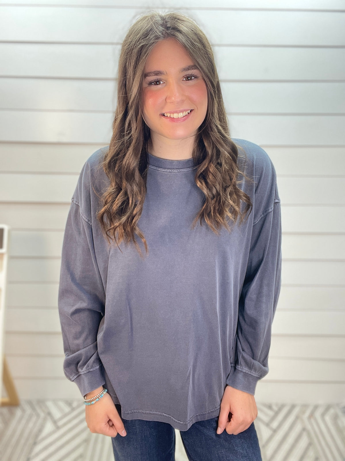 NAVY MINERAL WASH LONG SLEEVE KNIT TOP
