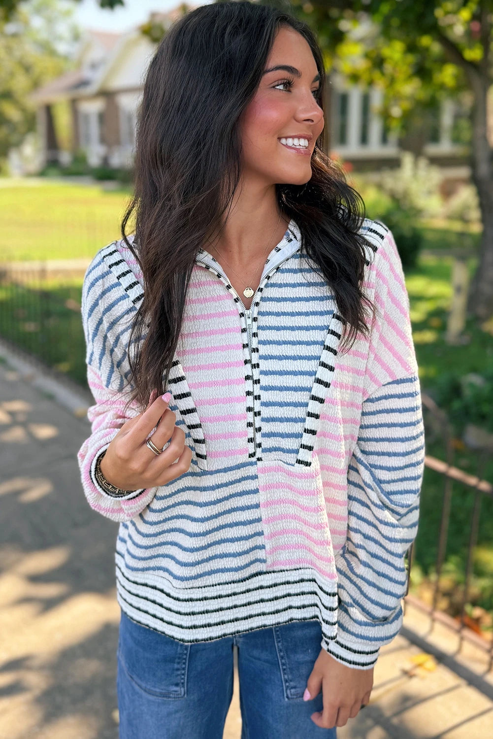 PINK/BLUE MULTI STRIPED QUARTER ZIP