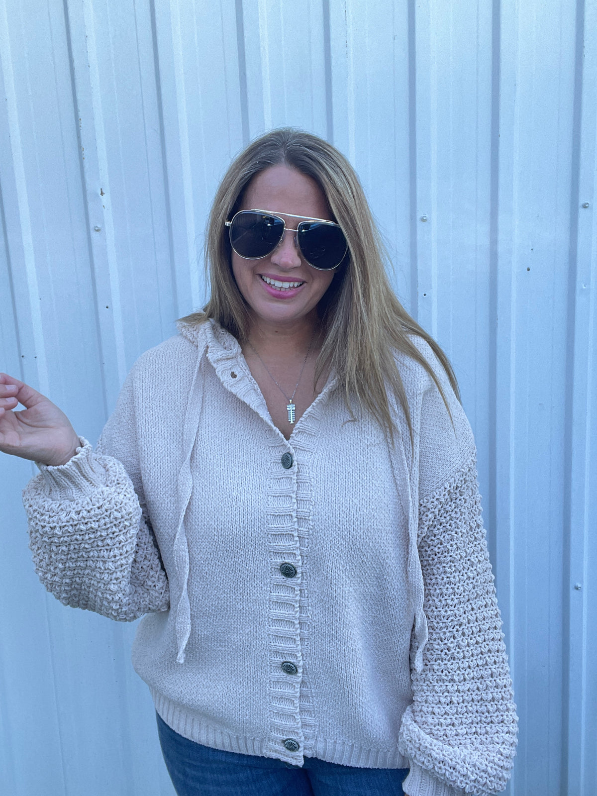 BEIGE BUTTON DOWN HOODED OVERSIZED SWEATER WITH KNITED SLEEVES