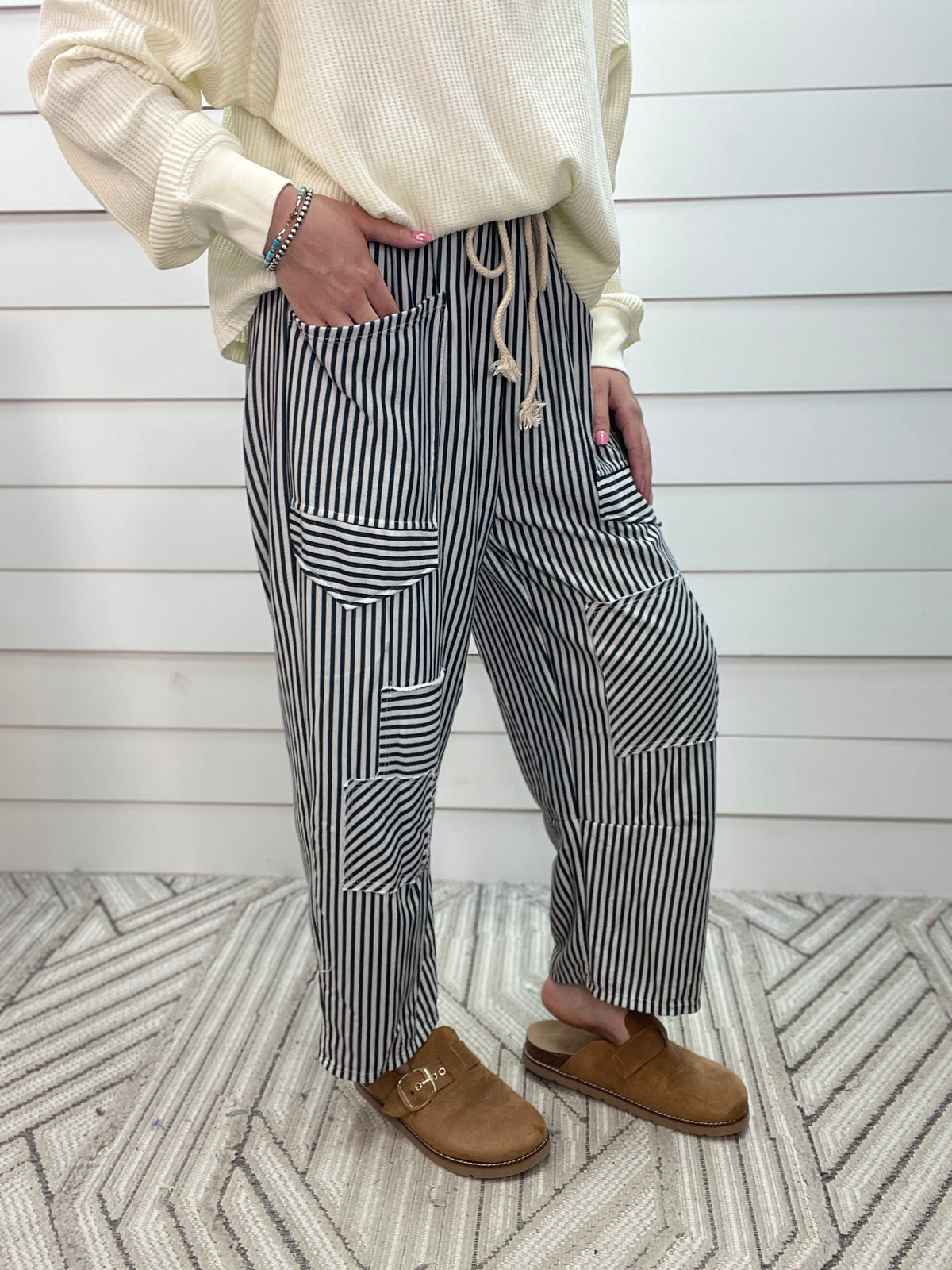HUNTER GREEN Washed Striped Design Barrel Knit Pants