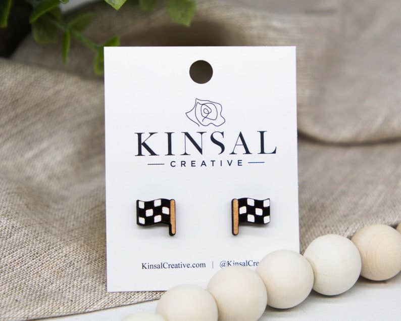 Kinsal Creative - Checkered Flag Wood Stud Earrings