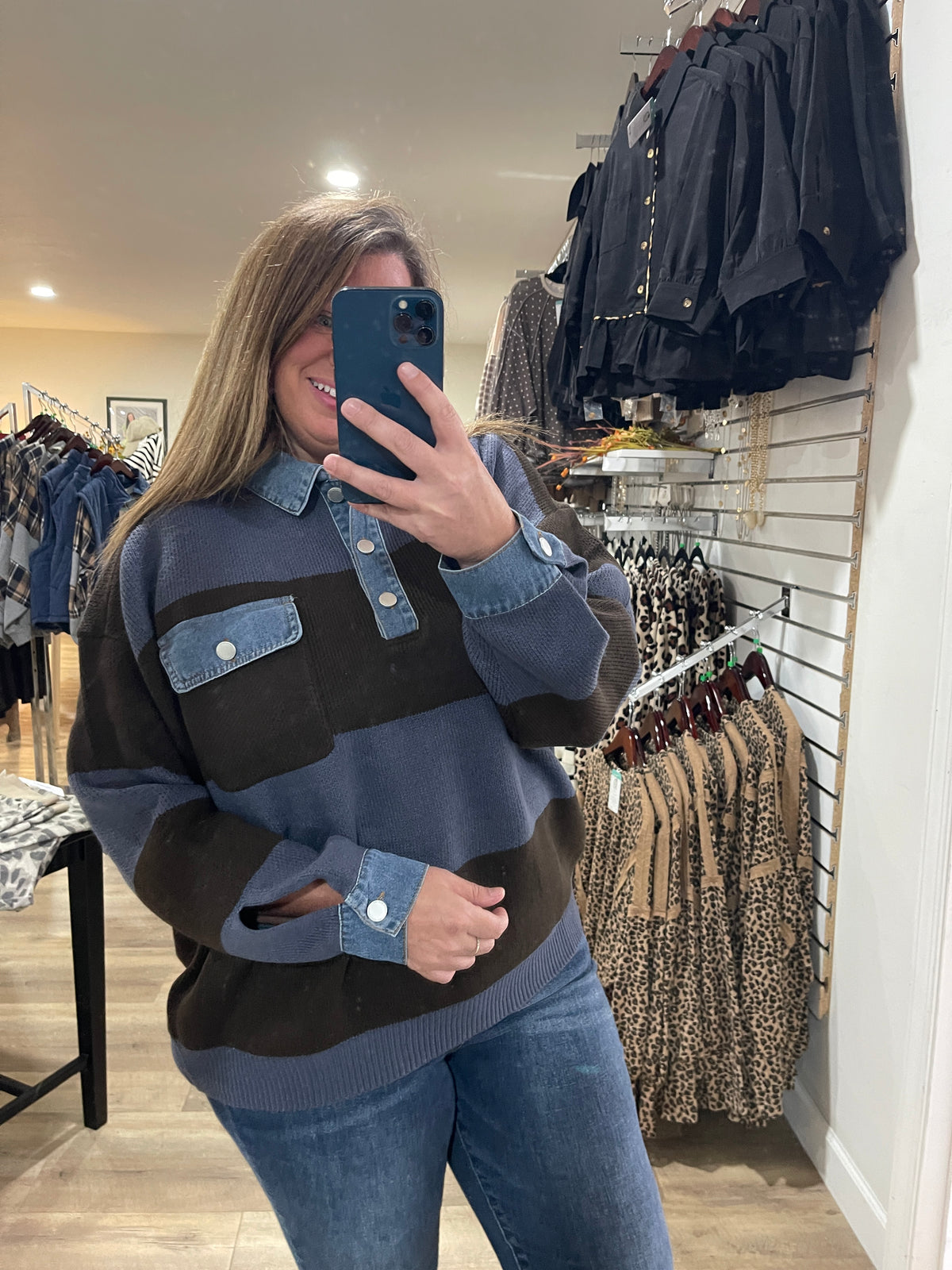 BROWN/SLATE BLUE STRIPED KNIT SWEATER W/ DENIM TRIM