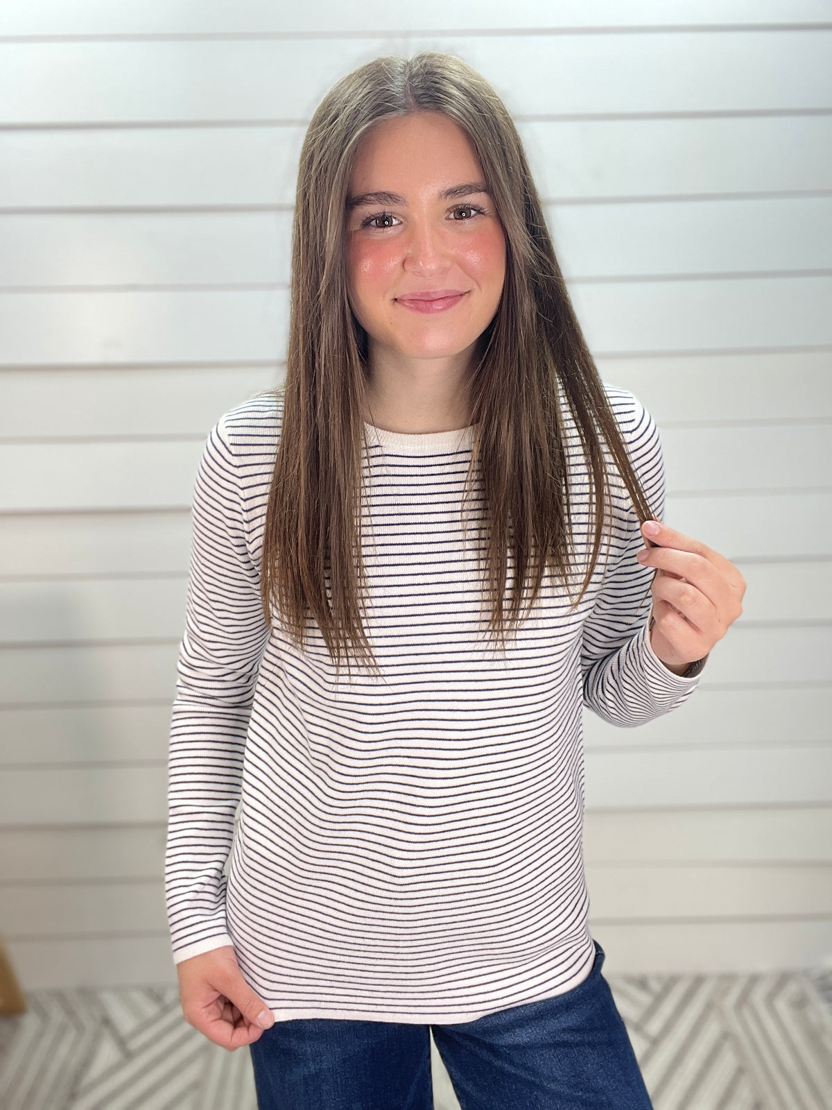 IVORY/NAVY Long Sleeve Basic Crew Neck Pinstriped Sweater