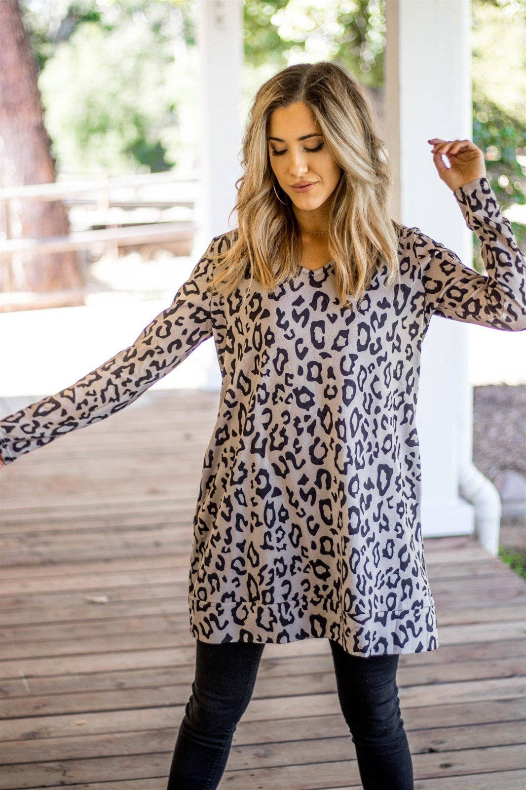 TAUPE ANIMAL PRINT SLIT HEM TUNIC