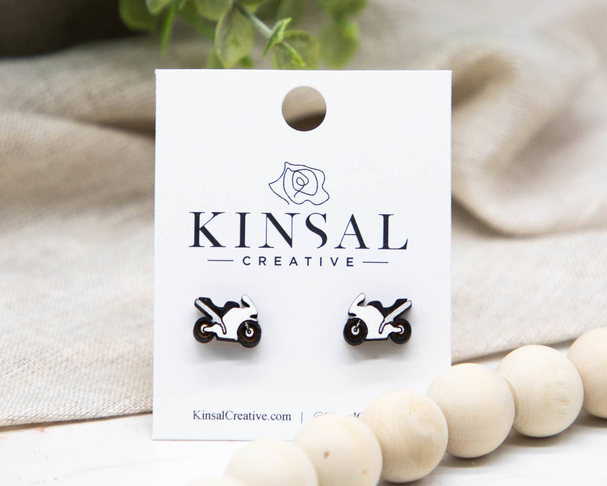 Kinsal Creative - Motorcycle Wood Stud Earrings: Red