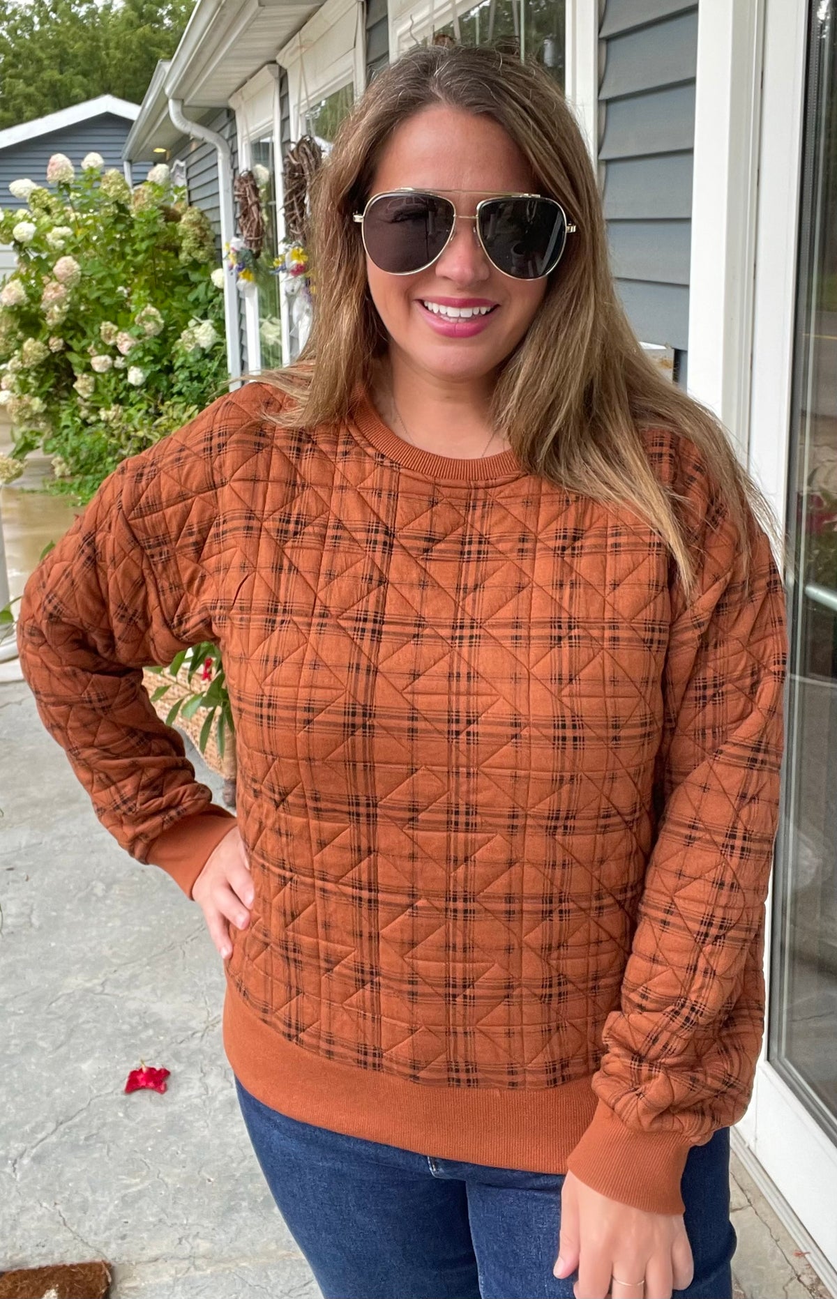 PUMPKIN Printed Quilted Pullover Crew Neck Knit Top, Rib Banded