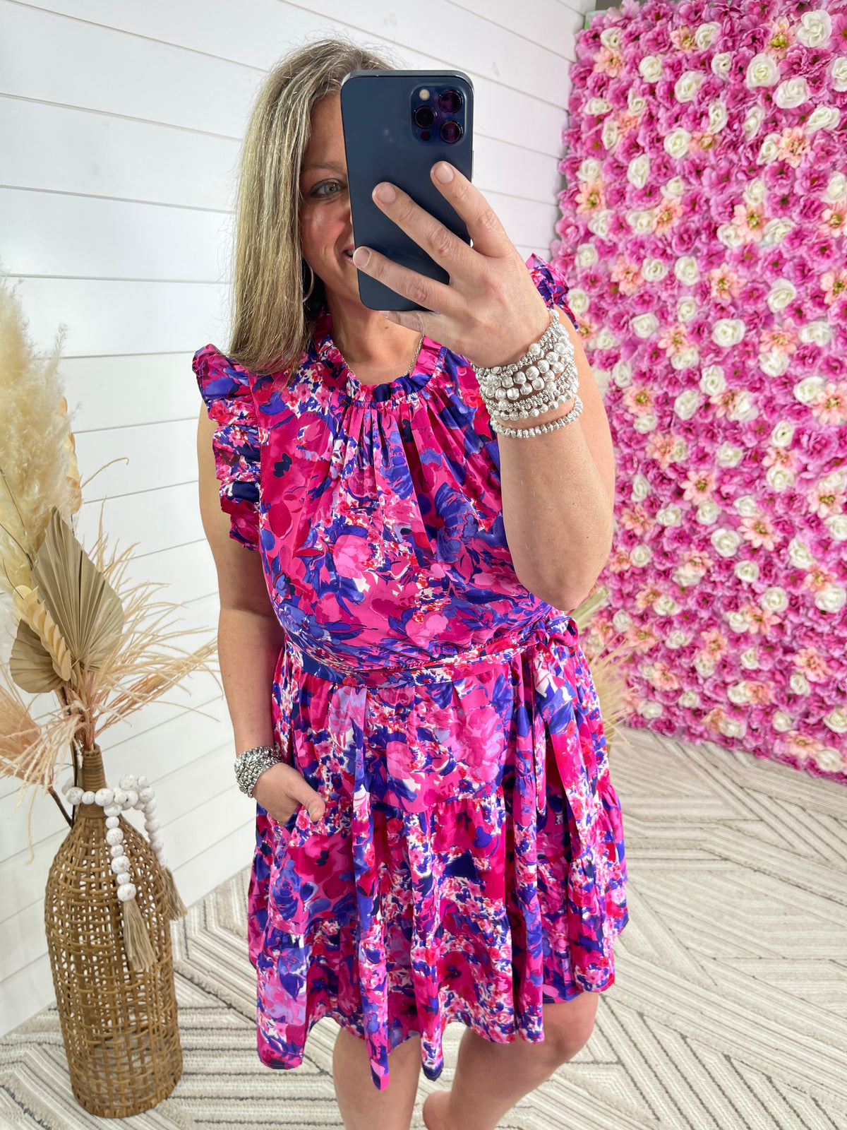 FUCHSIA/PURPLE FLORAL TIE DRESS